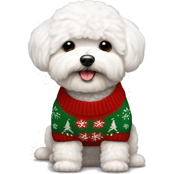 White Maltipoo wearing Christmas sweater emoji