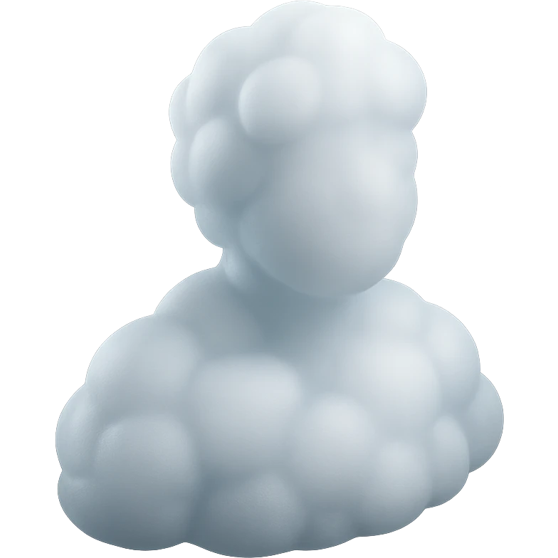 person made entirely of white fluffy convex clouds, shoulder up, front view, matte glass style emoji