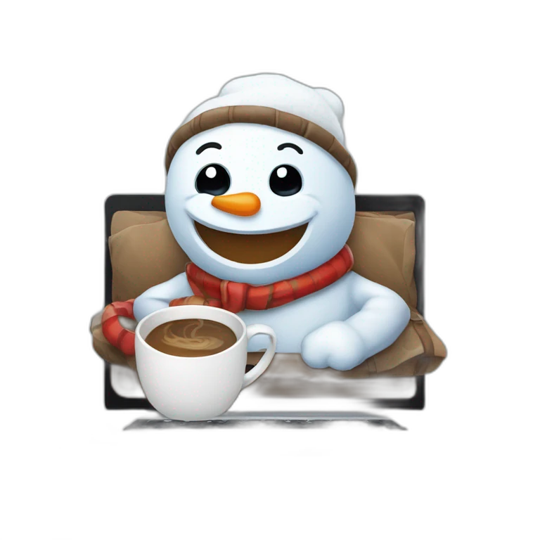 cute little snowman behind a laptop holding a coffee mug emoji