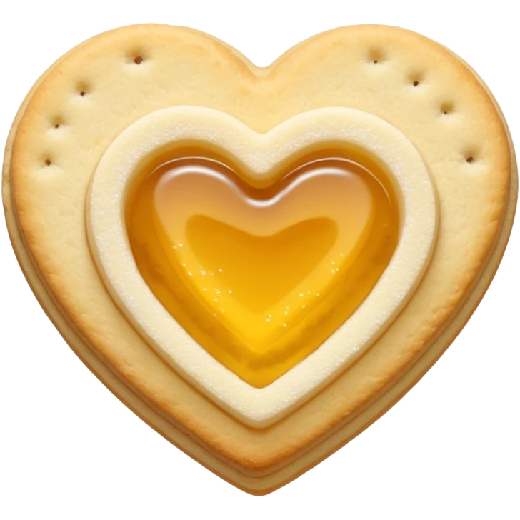 Realistic shortbread cookie in the shape of a heart with pale yellow jelly middle filling and sprinkled powder sugar on top. emoji