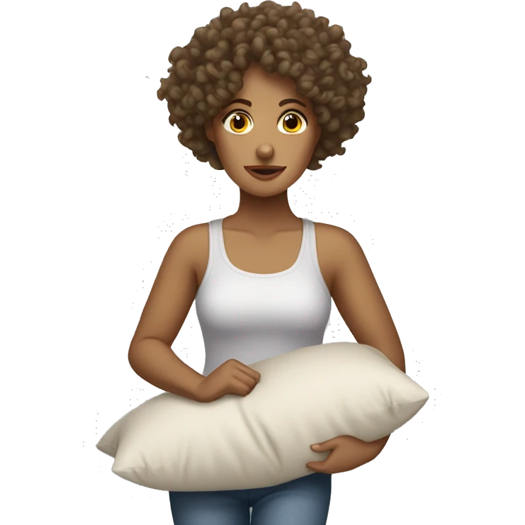 curly haired woman with light tanned skin walking tired dragging a pillow emoji
