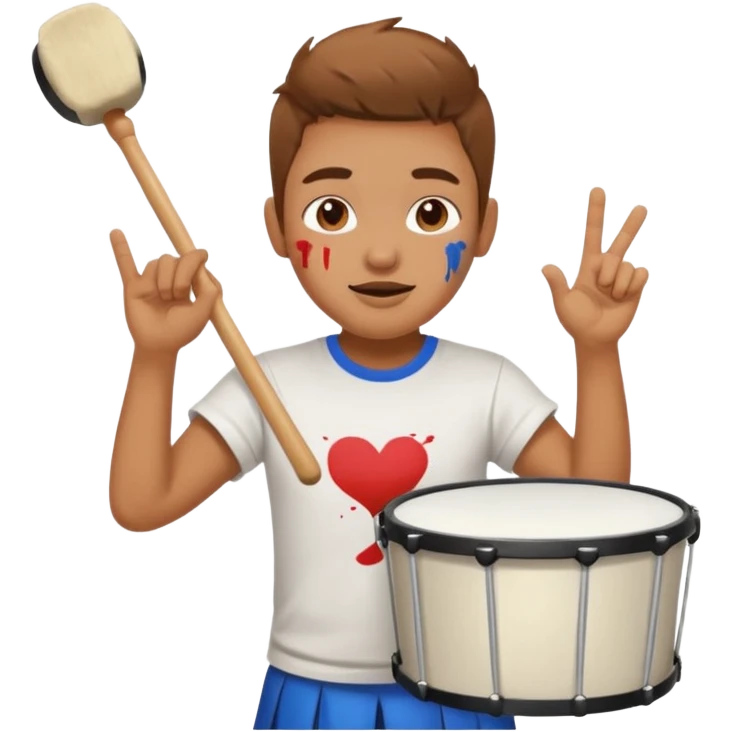 A loud fan, simple tee shirt with paint on his cheeks with a marching drum, beating it with enthusiasm emoji