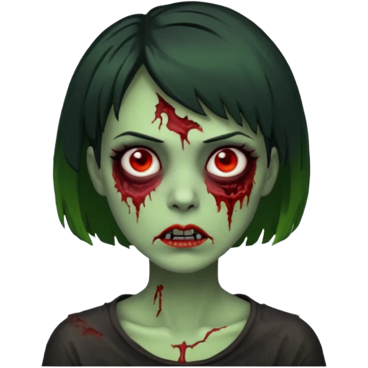 Uma zumbi de pele verde cabelo chanel todo preto bagunçado sem cabelo verde emoji