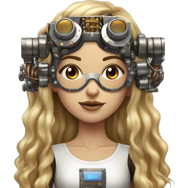Brown long hair with blonde steaks female cyborg head, fair skin, steampunk goggles and circuits emoji