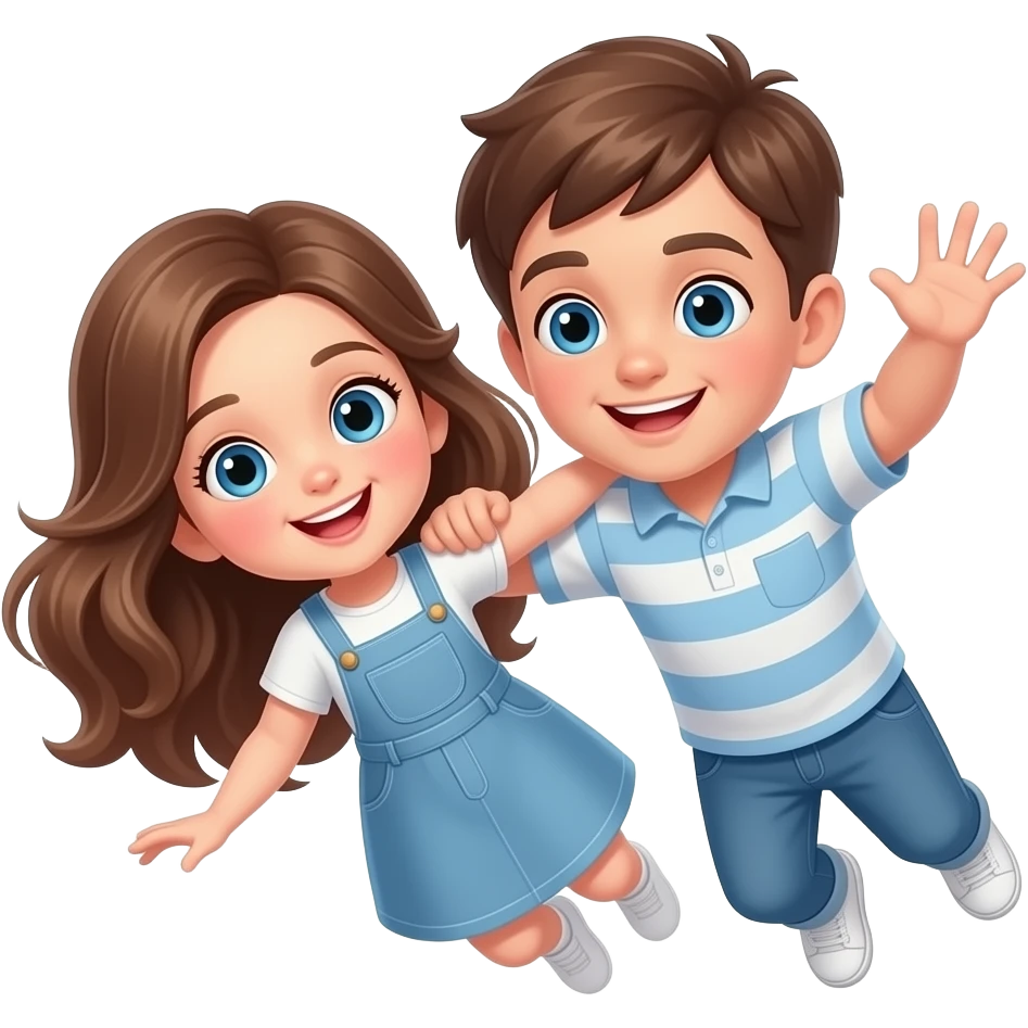 una niña i un niño caiendo pero felices son hermanos con ojos azules la niña tiene el pelo marron avellana i largo emoji