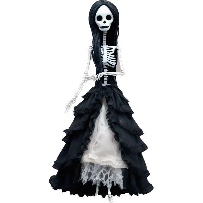 full height skeleton, tim burton "corpse bride", thin porcelain doll with a cracked face, goth makeup watery eyes, long hair, lace and ruffles, lolita style, inked, black and white, red roses emoji