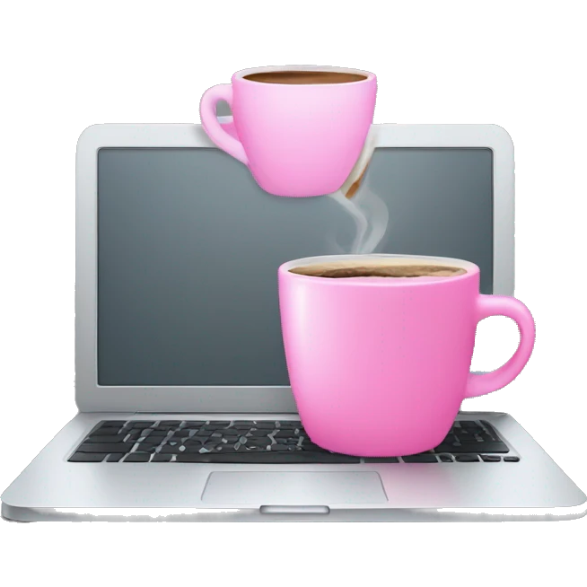 a grey laptop with a pink cup of coffee emoji