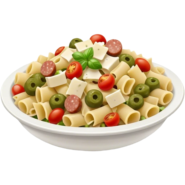 Pasta salad with chopped sausage, chopped gherkins, chopped cocktail tomatoes and mayonnaise  emoji