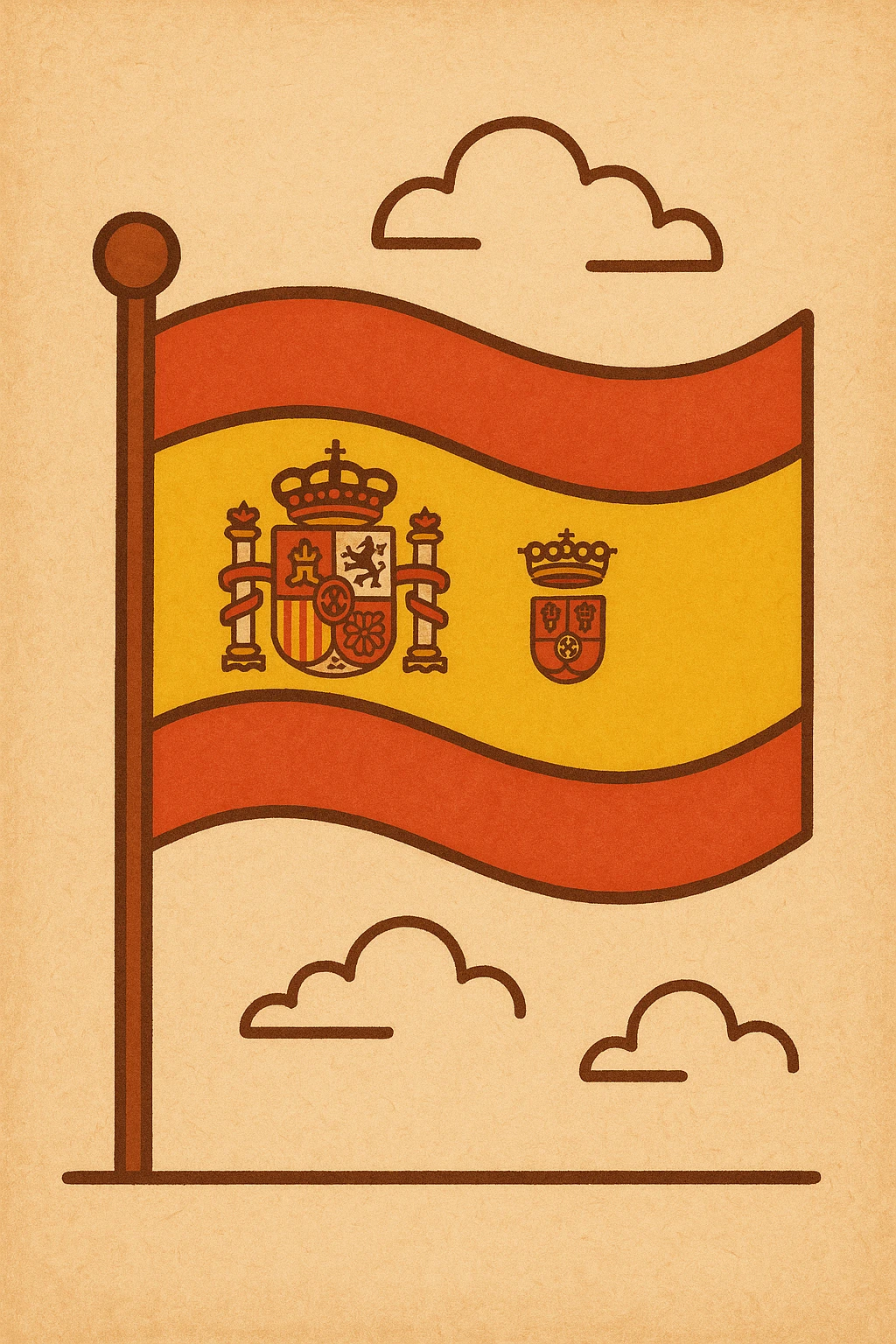 Add the Spanish coat of arms in the center of the flag, maintaining a minimalist style with bright red and yellow stripes, clean and simple design emphasizing warm colors. emoji