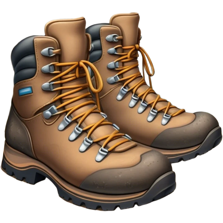 Cinematic Realistic Hiking Boots, well-worn leather boots resting on a rocky trail, scuffed edges and dirt-speckled laces adding character, glowing softly under the dappled sunlight filtering through the trees. emoji