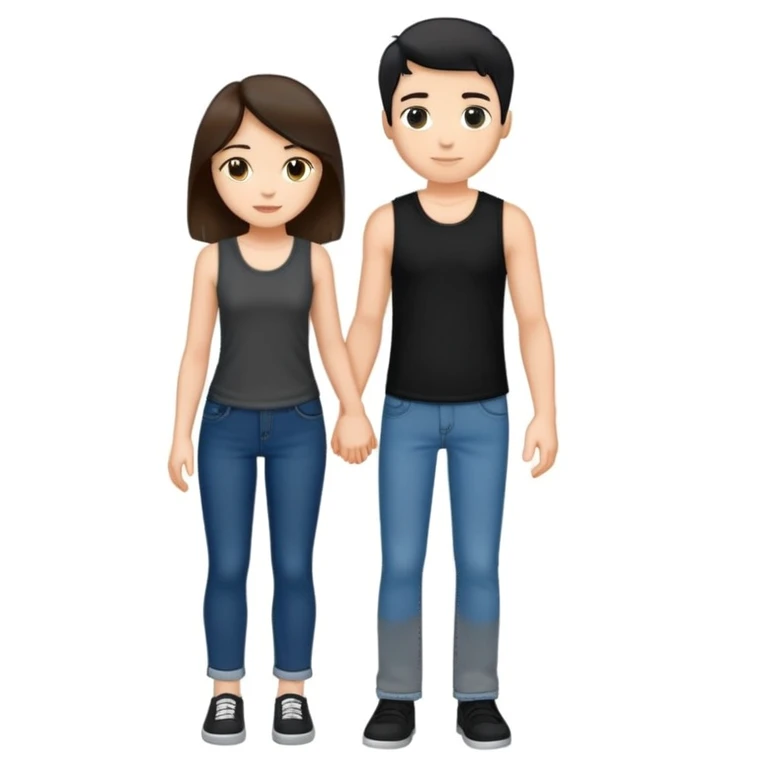 A girl with long brown hair holding the hand of a boy with short black hair, she wearing a black tank top with flared blue jeans, he wearing a black t-shirt with grey jeans, couple in love emoji