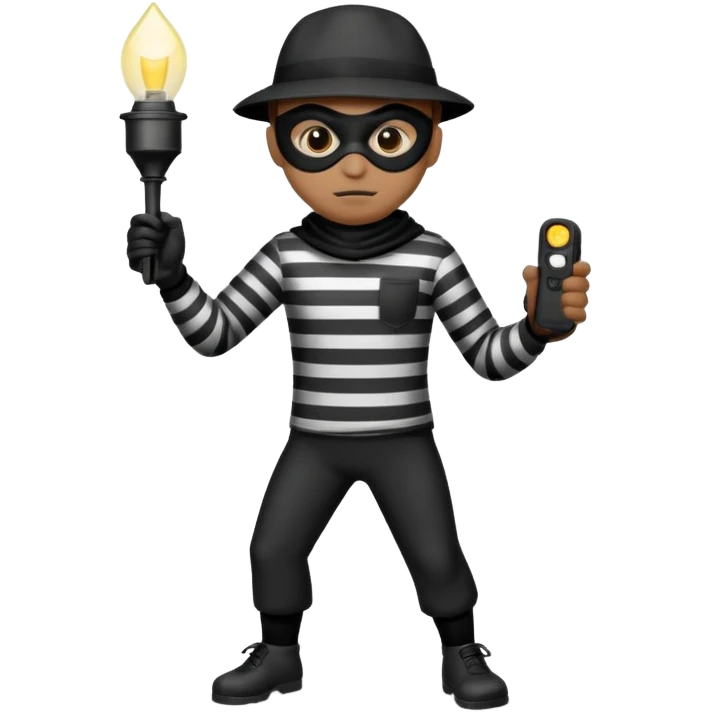thief emoji tiptoeing with a flashlight, classic cartoon burglar look emoji