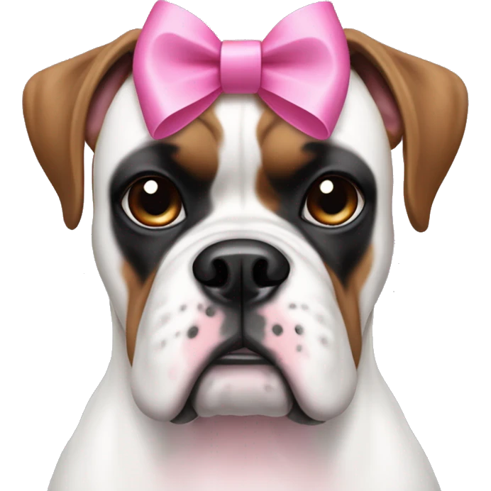 white boxer dog face with some black and pink features, with a pink bow on her head that has long ribbons emoji