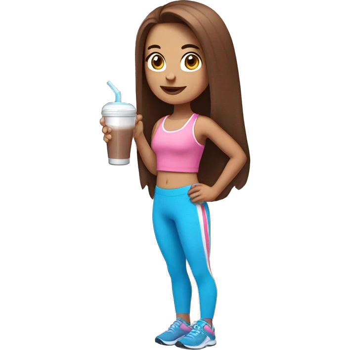a girl with brown long straightened hair and blue eyes with pink leggings and pink sports top with a protein shake in her hand emoji
