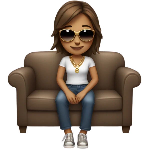girl sitting on couch with brown hair sunglasses and gold necklace  emoji
