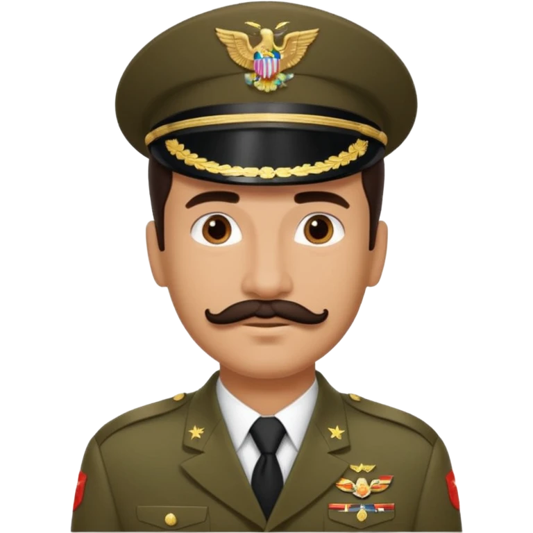 Hispanic man emoji with a dark brown slicked-back hairstyle, a well-groomed mustache, wearing a military uniform emoji