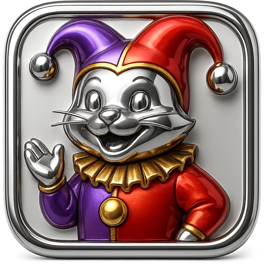 crazy colorful cute little cat jolly joker from poker, medieval, vintage, court jester, mac os icon, purple, gold and red color, half body. Squared shape as 3D mac os icon emoji