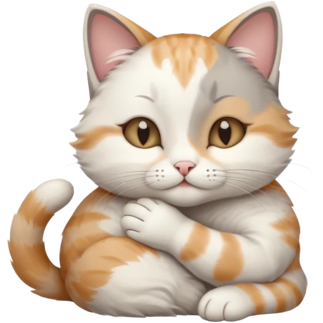 grey and white small cat with its eyes closed lying down with its paw curled under his chin holding it up emoji