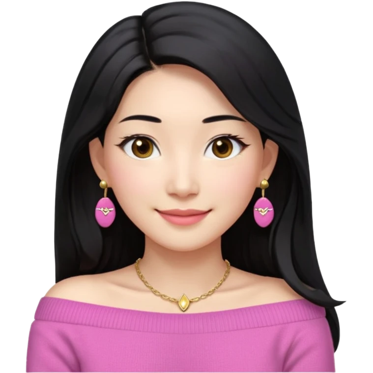 South Korean girl in her mid-thirties with long black hair parted in the middle. She is wearing a pink, off the shoulder long sleeve knit sweater, extra small gold earrings and a gold necklace. She has brown eyes with narrow, mono lid shape and smiling with lips together emoji
