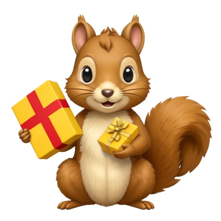 a squirrel holding a yellow gift box in one hand and a Swiss flag in the other, both objects clearly visible, simple white background, the gift is a different color from the flag emoji