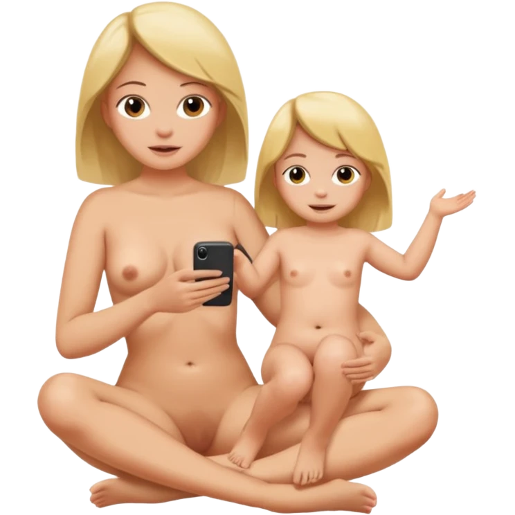 A mom and small daughter sitting naked and spreading legs showing pussy emoji