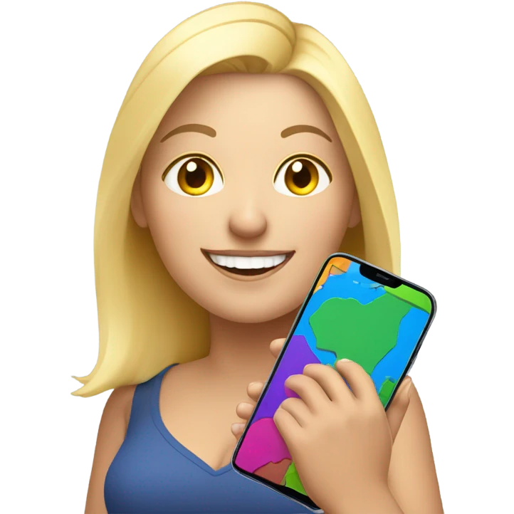overweight blondie woman happy with a smartphone in hands showing colorfull charts emoji