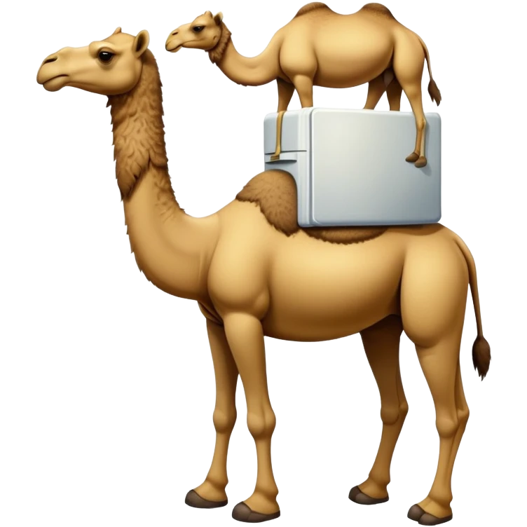 An appliance hybrid with a refrigerator body, a long-necked camel head emerging from the top, and four camel legs with hooves wearing yellow-brown Timberland boots emoji