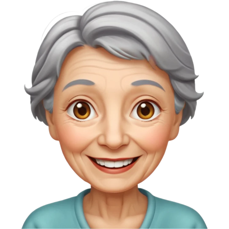 emoji of a smiling elderly woman with wrinkles, gray or silver hair, kind expression, Apple emoji style emoji