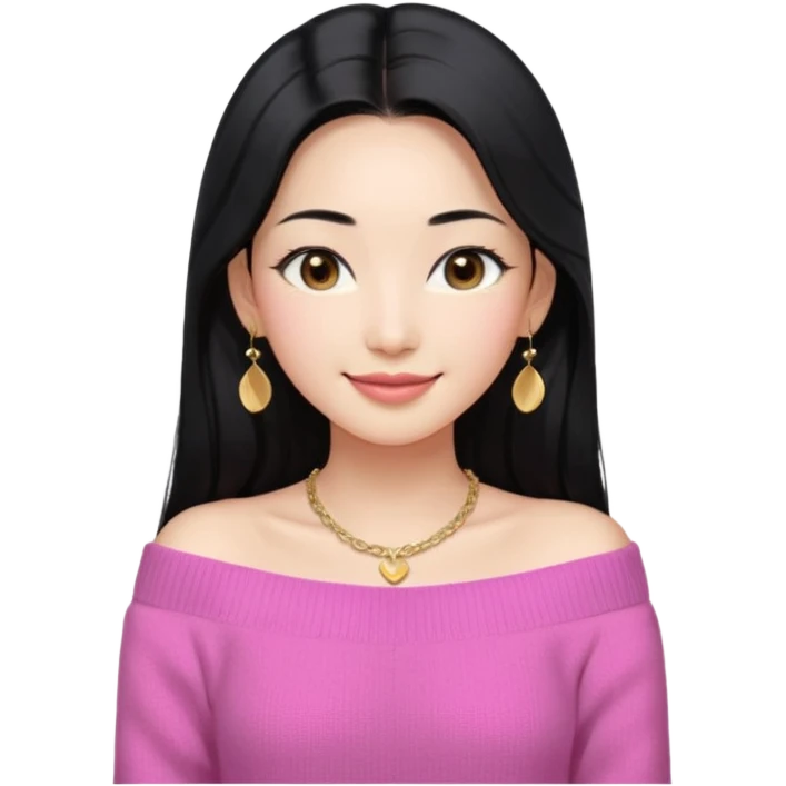South Korean girl in her mid-thirties with long black hair with a middle part. She is wearing a pink, off the shoulder long sleeve knit sweater, extra small gold earrings and a gold necklace. She has brown eyes with narrow, mono lid shape and smiling with lips together emoji
