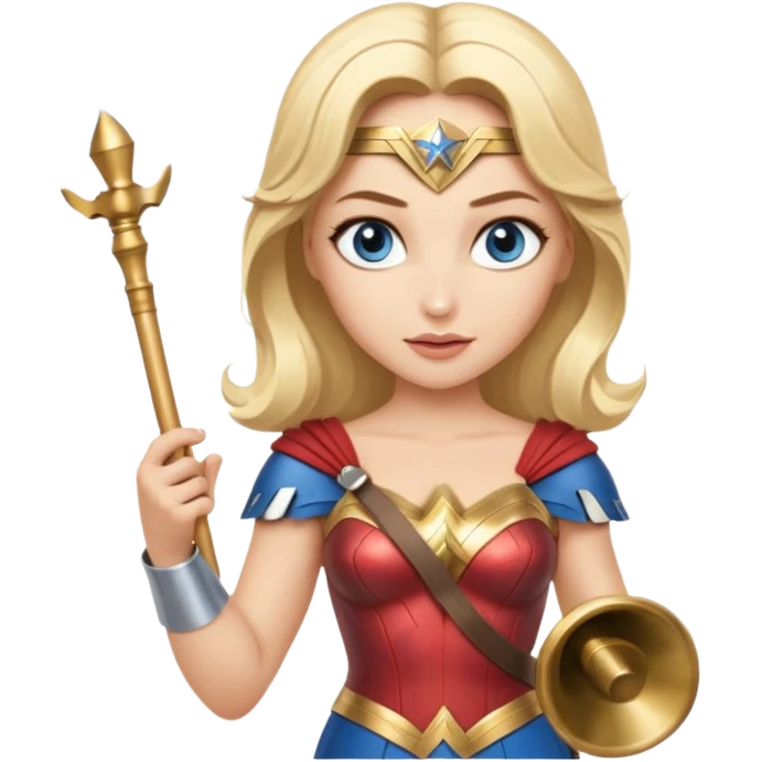 Blonde blue eyed Wonder Woman holding white orchestra conductor’s baton and bell emoji