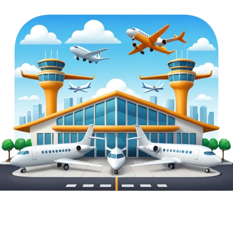 A 3D cartoon airport terminal building with glass windows and airplanes nearby, clean lighting, Memoji-style rendering. emoji