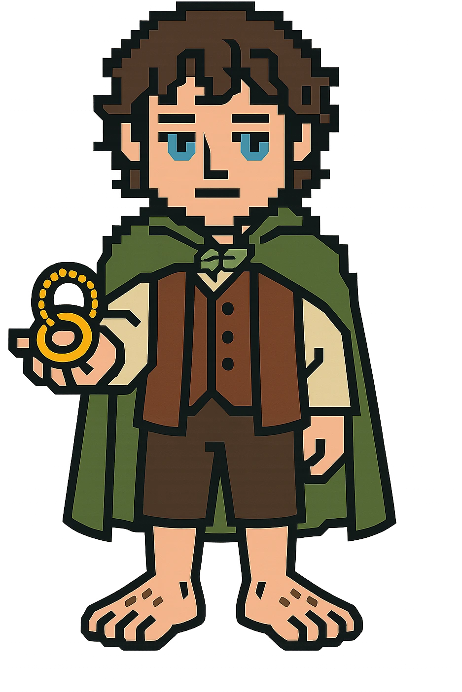 Whole body image of Frodo Baggins from the lord of the rings movie in pixel art style. Make Frodo look like the actor that portrayed him in the movie, Elijah Wood, blue eyes and dark curly hair. Frodo is wearing the same green elven cloak with the leaf buckle, brown vest, cream undershirt, dark brown leather short pants, and hairy hobbit feet. He is holding the one ring in the palm of his outstretched hand. the ring is golden yellow and a golden link chain necklace is strung through it. emoji