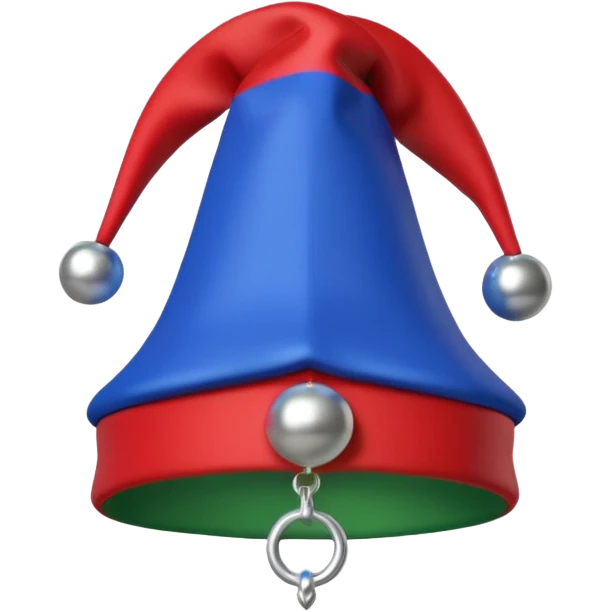 A 3D cartoon jester hat in red, blue, and green with bells, simple light background, Memoji-style rendering. emoji