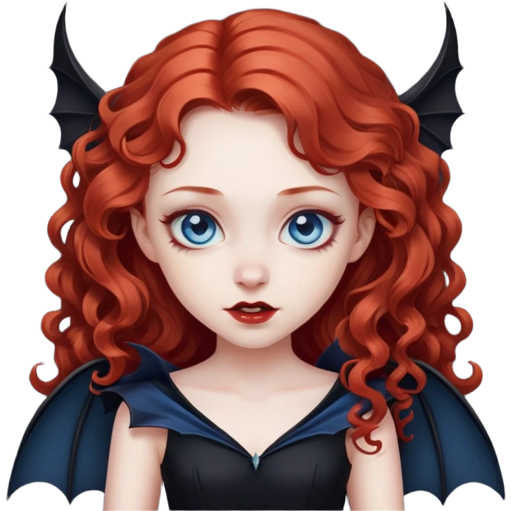 vampire girl with long curly red hair and blue eyes, in a black with bat wings emoji