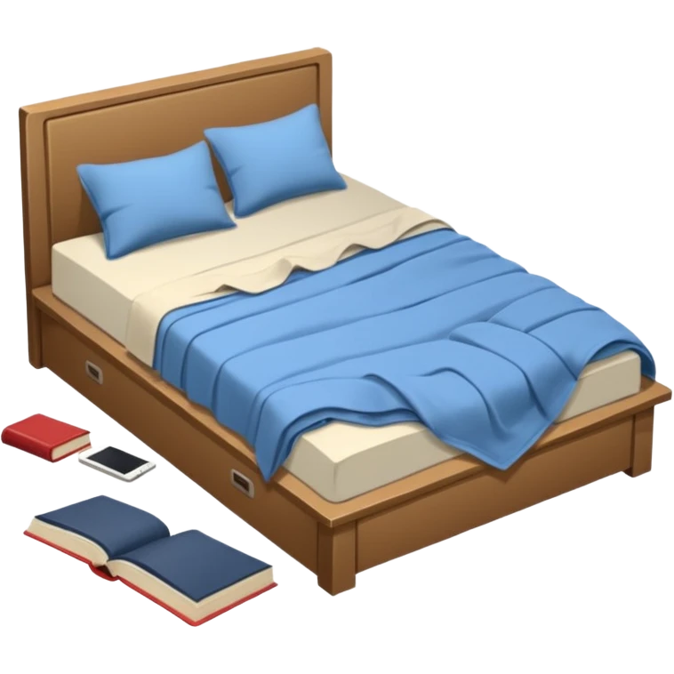 messy bed with a wrinkled blanket, the pillow out of place on the floor. Around the bed, scattered items include a t-shirt, pants, and an open book on the floor. emoji