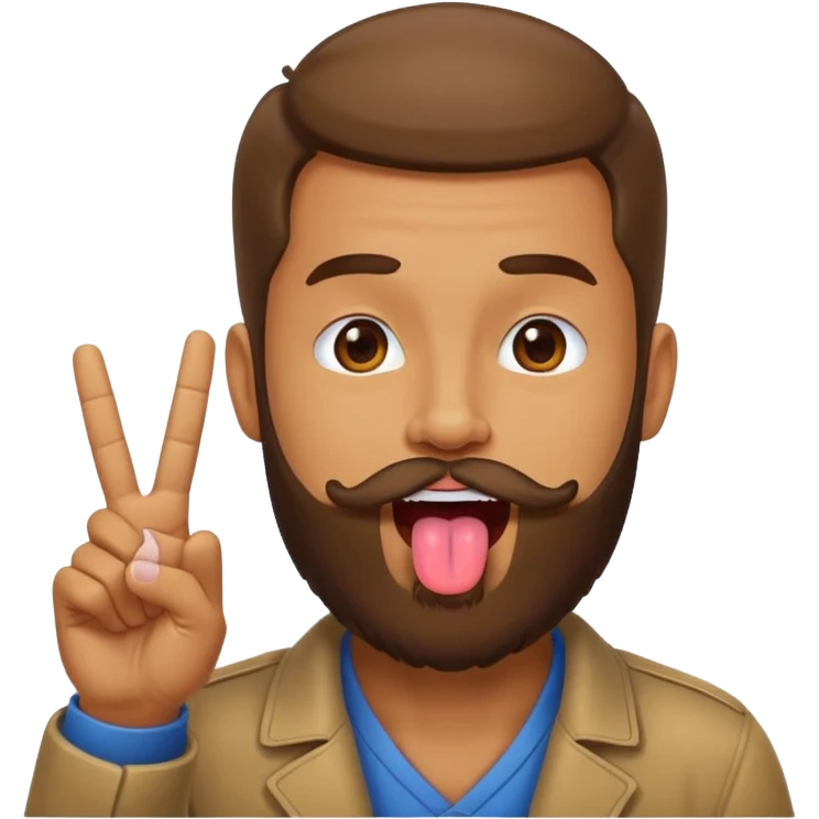 Man with beard sticking tongue out with peace sign up to tongue emoji