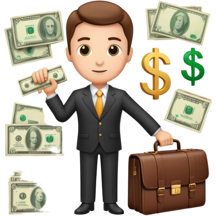 financial expert with business suit, briefcase, charts and money symbols emoji