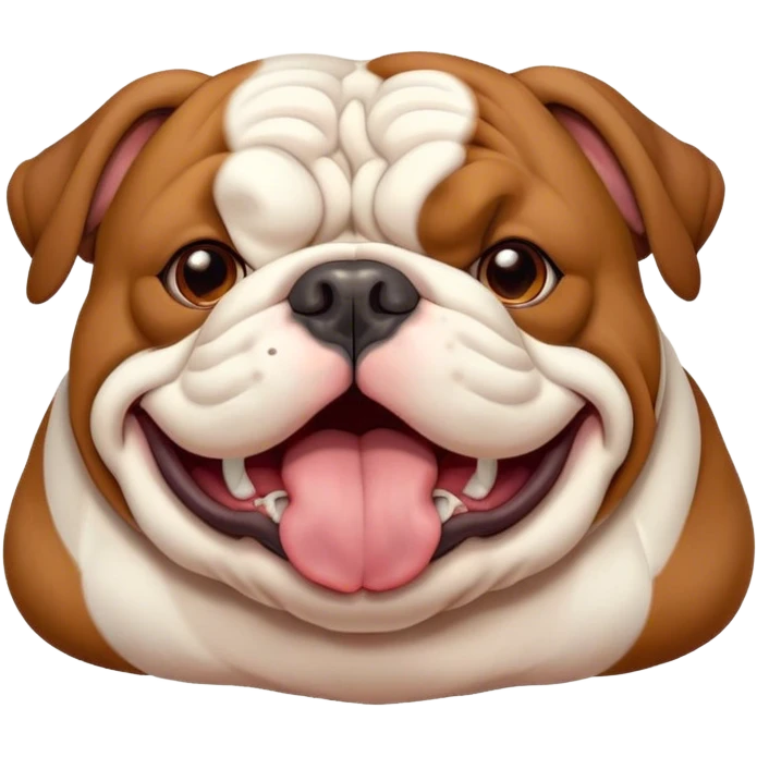 Cinematic Cute Yawning Brown and White English Bulldog Portrait Emoji, Head tilted slightly with a dramatic, wide-open yawn, showcasing a smooth brown and white coat with a defined pattern, floppy ears slightly drooping, round brown eyes barely open in drowsy contentment, Simplified yet irresistibly adorable features, highly detailed, glowing with a soft, cozy glow, high shine, relaxed yet expressive, stylized with a touch of whimsy, bright and endearing, soft glowing outline, capturing the essence of a sleepy yet affectionate guardian, so drowsy it feels like it could stretch out of the screen and curl up for a nap! emoji