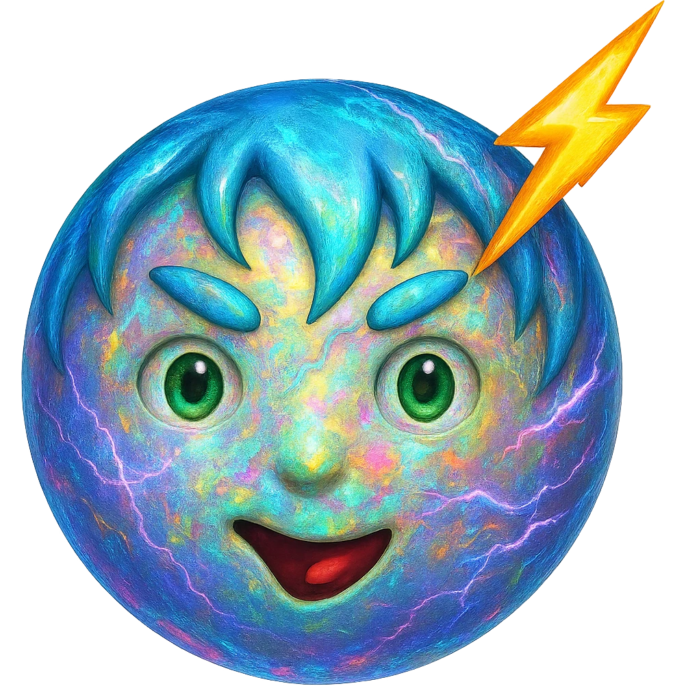 Make the Uranus emoji more eccentric with an opal-like iridescent texture. Add wild, electric, chaotic energy and a playful, unconventional face. Keep the background transparent. emoji