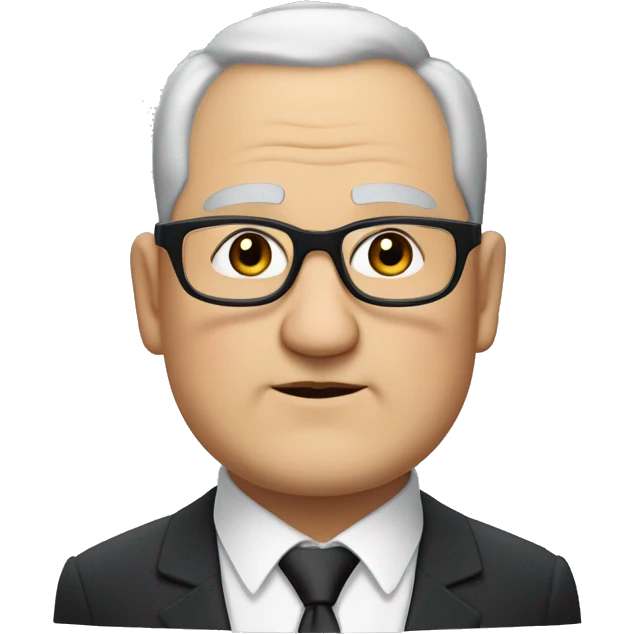 Chubby man of about 60 years of age with a bald shin. Small round glasses and dark eyes. Grey hair and a double chin. Chubby pointed nose. Wearing a black suit with waistcoat and tie. emoji