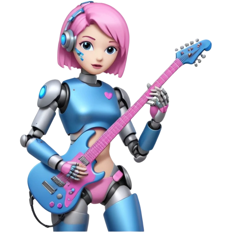a cyper robot carry her note and electric guitar and try to change the world with pink and bluecolor emoji