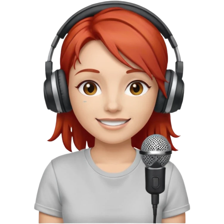 Female, happy, wearing headphone having mic, t-shirt, red hair
 emoji