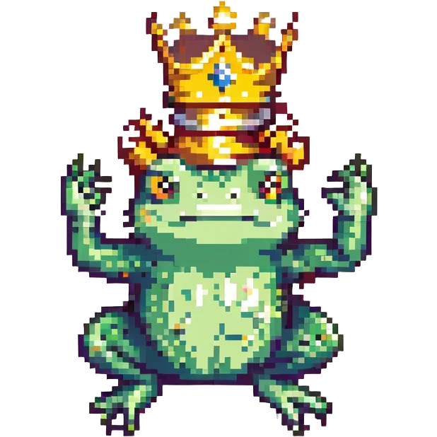 pixel art crowned frog, jumping with crown slightly tilted emoji
