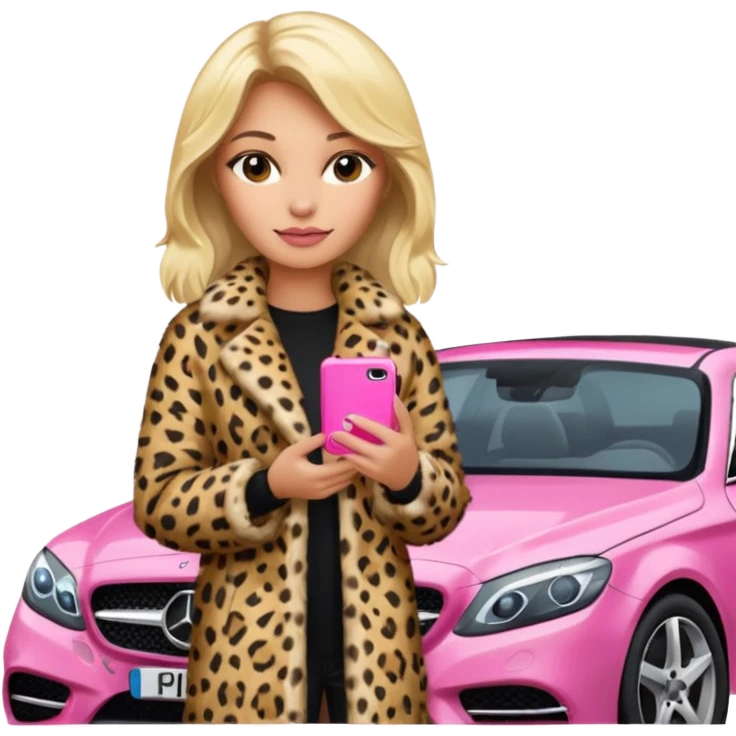 a blondie queen Arina in a leopard fur and pink iPhone on her mercedes emoji
