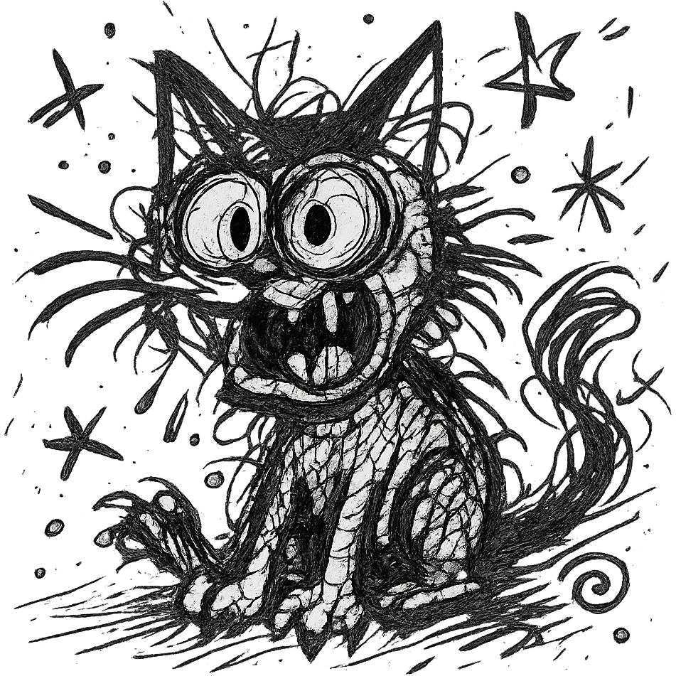 chaotic hand-drawn black outline icon of a cat with wild, exaggerated features emoji