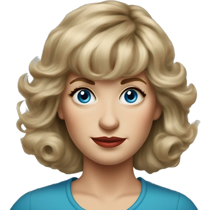 Medium length Dirty blonde poofy hair with bangs all across forehead and sides swept away from face woman of 60 with blue eyes  emoji