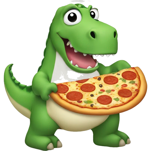 Green dinosaur eating a pizza whilst wearing pyjamas and fluffy white slippers emoji