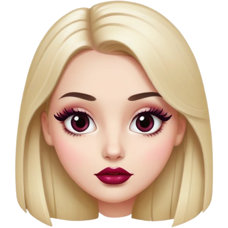 White girl with oval face, huge round black eyes, big eyelashes, berry colored lips, shiny full lips, face closeup, long straight middle-parted hair emoji