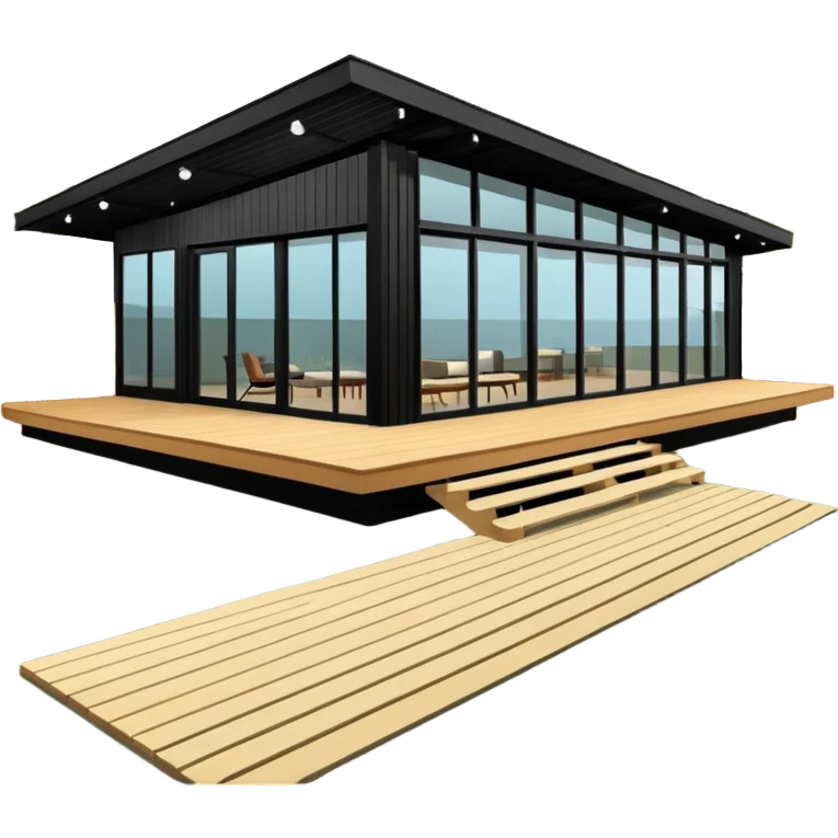 midcentury modern house with 1000 sqft and all windows and a sliding windows on corner. Single story. High ceilings, black and vertical wood slats for outside walls of home. Wood deck with complementary but different wood and shade from larger wood slats. With overhanging shade and slats. emoji