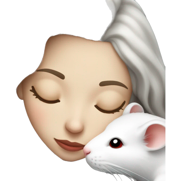 white brunette sleeping woman cuddling with one tiny white rat with red eyes emoji